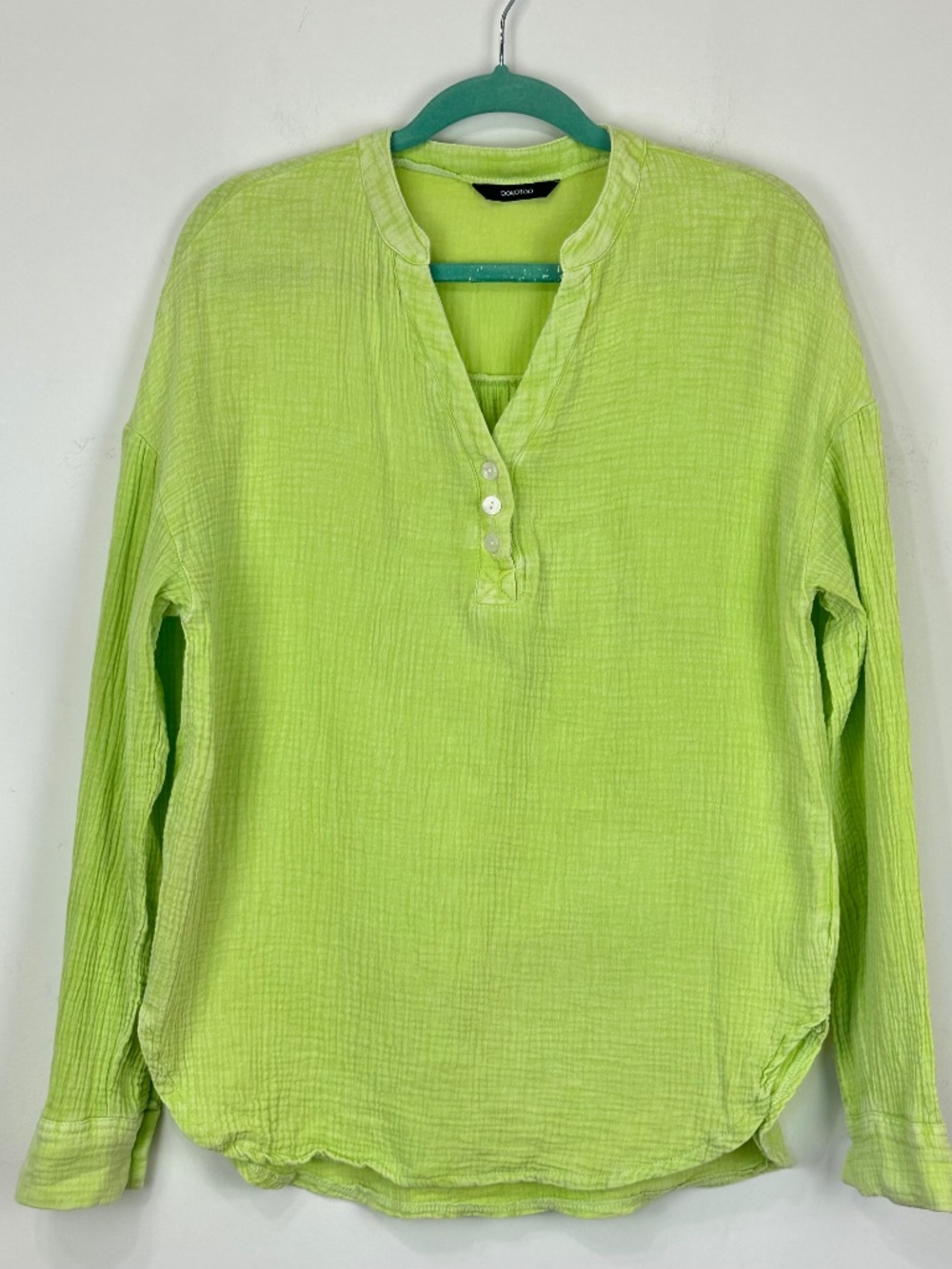 Dokotoo Small Chartreuse Crinkle Gauze Henley Tunic Cotton Boho Beach Oversized